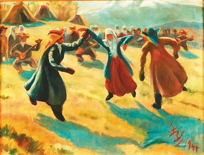 　天山腳下歌舞（油畫）  　　韓樂(lè)然