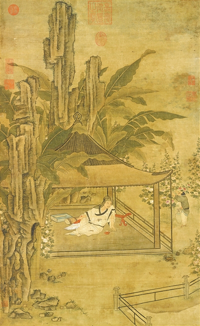 中國畫《山亭納涼圖》，作者為明代周臣。  臺北故宮博物院藏